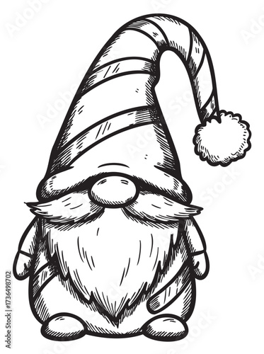 Festive gnome with striped hat and pom-pom beard illustration – retro hand drawn illustration