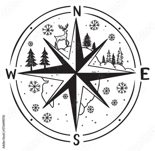 Compass rose with nordic winter scene featuring deer and snowflakes – retro hand drawn illustration