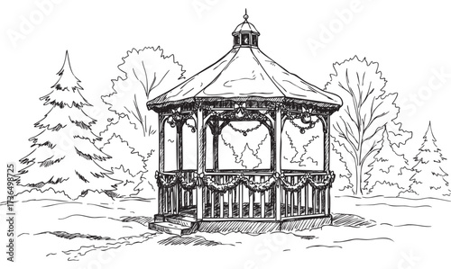 Snow-covered winter gazebo with garlands in forest setting – retro hand drawn illustration