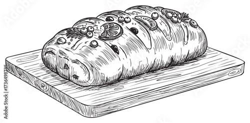 Hand-drawn decorative bread loaf on wooden cutting board with vegetables – retro hand drawn illustration