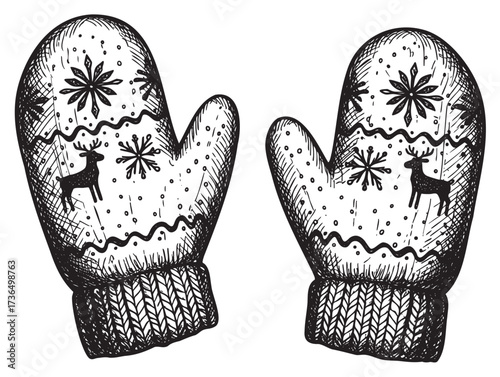 Hand-drawn winter mittens with reindeer and snowflake patterns – retro hand drawn illustration