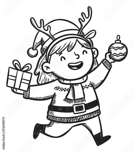 Festive caucasian child joyfully holding gift and ornament in holiday attire – retro hand drawn illustration