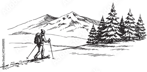 Male skier in mountain landscape: pine trees and snow-covered peaks – retro hand drawn illustration