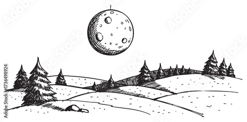Black and white drawing of a moonlit landscape with rolling hills and pine trees – retro hand drawn illustration