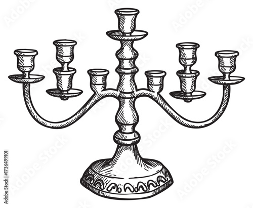 Hand-drawn vintage candelabra illustration with six holders on ornate base – retro hand drawn illustration