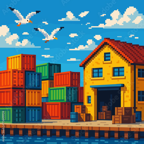 Colorful pixel art warehouse by the waterfront with shipping containers and seagulls in the sky