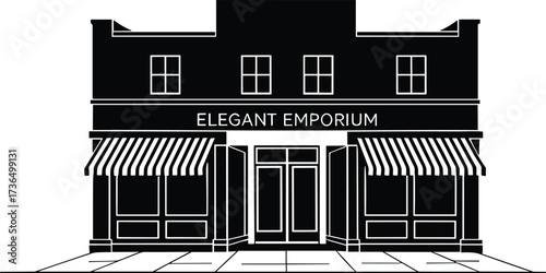 Black and white illustration of an elegant emporium storefront with striped awnings building