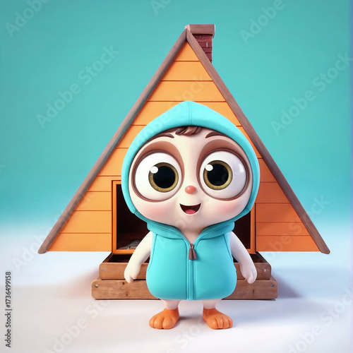 Cartoon penguin with big eyes standing in front of dog house