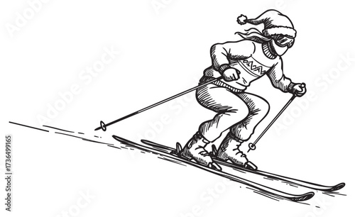 Winter sports enthusiast: female skier in action downhill in black and white art – retro hand drawn illustration