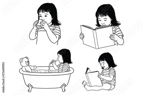 Black and white illustration of a young girl engaged in various daily activities child drinking