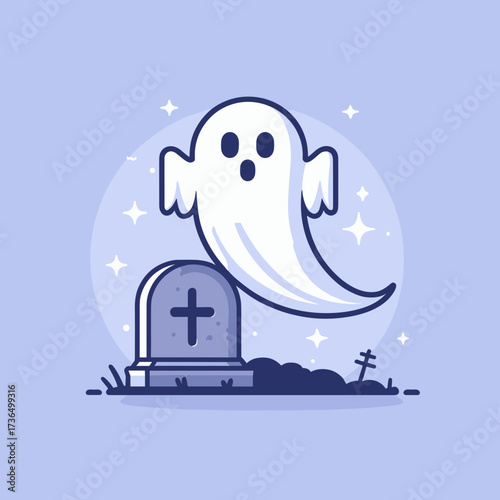 Cute ghost hovering above a gravestone in a whimsical graveyard scene