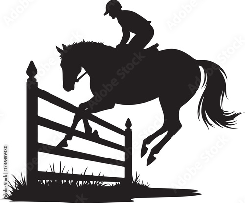 Silhouette of horse and rider jumping over fence equestrian