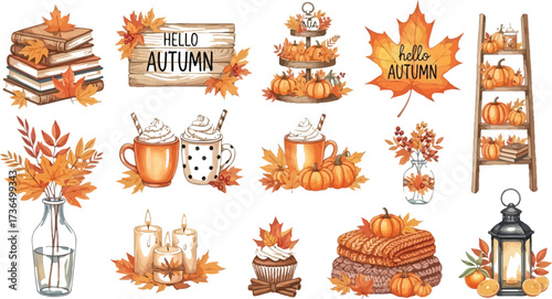 Watercolor autumn elements featuring pumpkins leaves candles and cozy fall decor