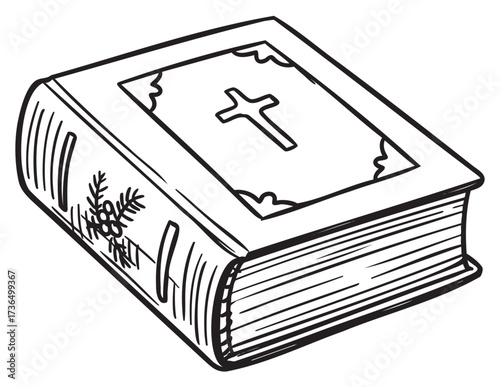 Illustrated closed bible with decorative cross and holly on cover – retro hand drawn illustration