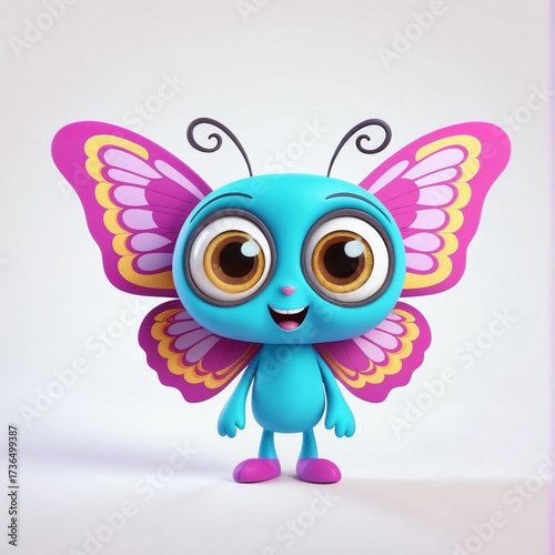 Cartoon butterfly character with big eyes smiling on pastel background