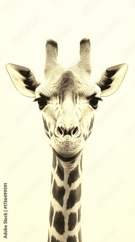 Fototapeta premium Giraffe portrait showcases unique features in and against a simple background