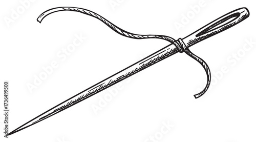 Black and white illustration of a sewing needle with thread – retro hand drawn illustration