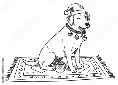 Festive dog in santa hat on patterned rug with christmas collar sketch – retro hand drawn illustration
