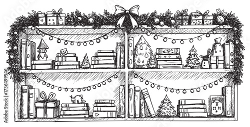 Festive bookshelf with christmas decorations and garland sketch – retro hand drawn illustration
