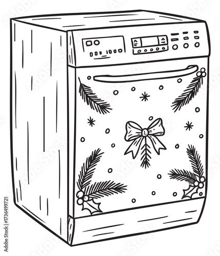 Christmas-themed dishwasher with festive bow and holly decorations – retro hand drawn illustration