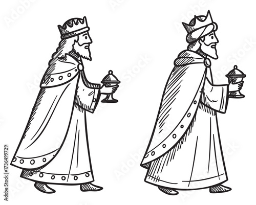 Illustration of two wise men bearing gifts in traditional robes and crowns – retro hand drawn illustration