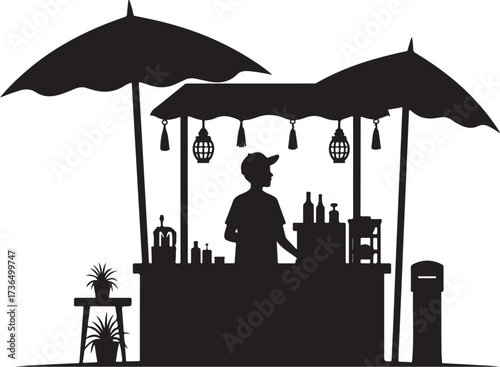 Silhouette of a vendor at a street food stall with umbrellas