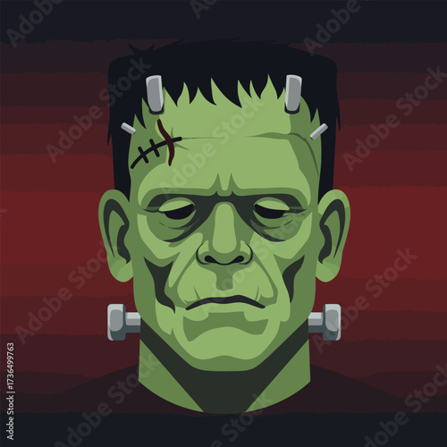 Green Frankenstein monster head portrait illustration for spooky Halloween themes and scary graphic design elements.