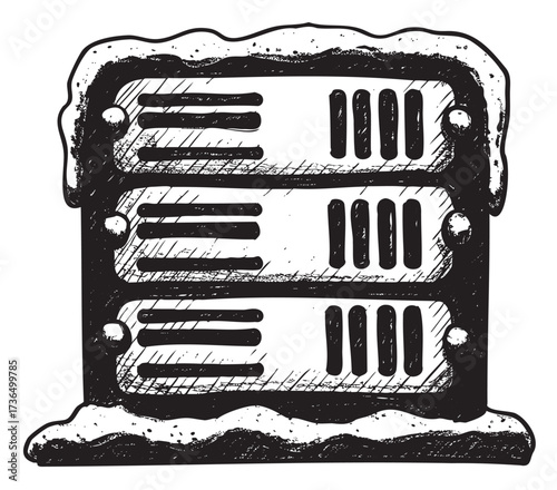 Snow-covered data server sketch with retro design elements – retro hand drawn illustration