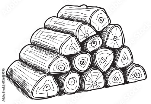 Hand-drawn log stack illustration in black and white – retro hand drawn illustration