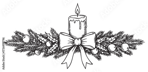 Black and white christmas candle with pine branches, holly berries, and ribbon – retro hand drawn illustration