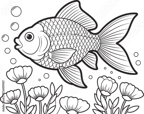 Black and White Line Art Goldfish Swimming Among Flowers and Bubbles aquatic animal