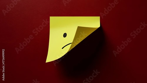 A yellow sticky note with a hand-drawn sad face is peeling off a dark red background, symbolizing negativity, mistakes, bad news, or a reminder of failure. loop video

