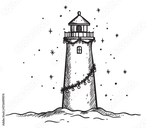 Hand-drawn lighthouse with stars and ocean waves in black and white – retro hand drawn illustration