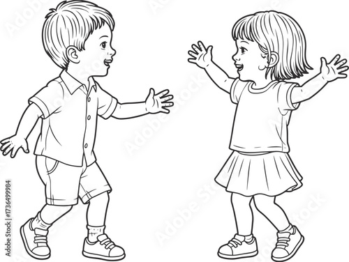 Black and White Line Art of Two Happy Children Greeting Each Other kids girl