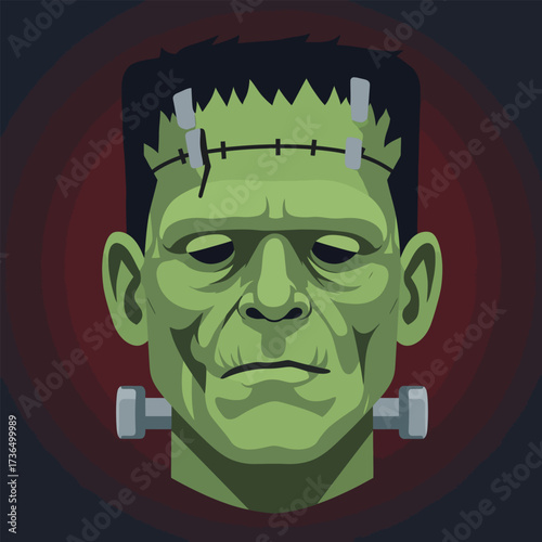 Classic Frankenstein monster head vector art illustration, ideal for Halloween spooky party decorations and horror designs.
