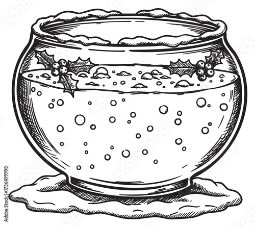 Christmas punch bowl drawing with holly decor and bubbles – retro hand drawn illustration