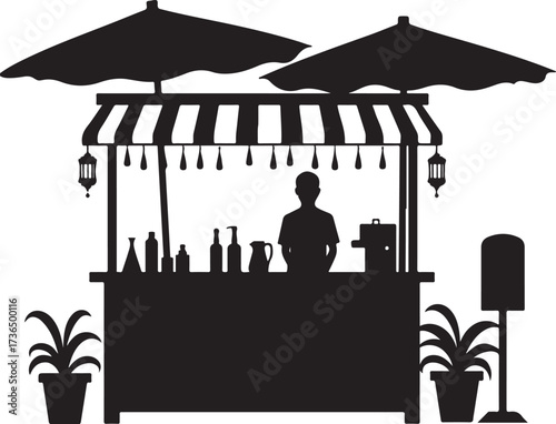 Silhouette of a vendor at a market stall with umbrellas and plants