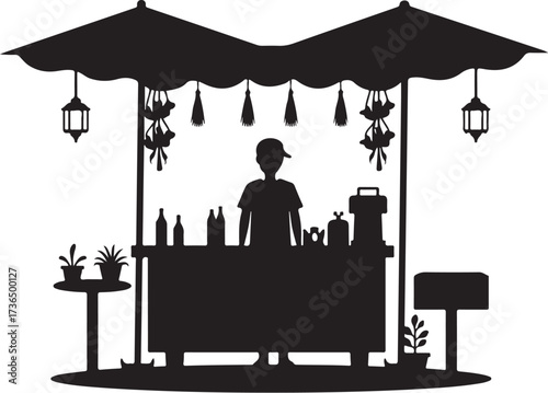 Silhouette of a vendor at a market stall with umbrellas and plants