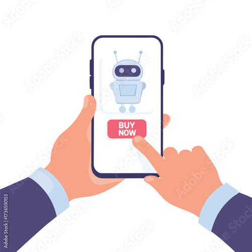 Person using smartphone to interact with a chatbot on a white background