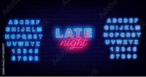 Late night neon badge. Evening sale and party. Glowing sign. Shiny blue and turquoise alphabet. Vector illustration