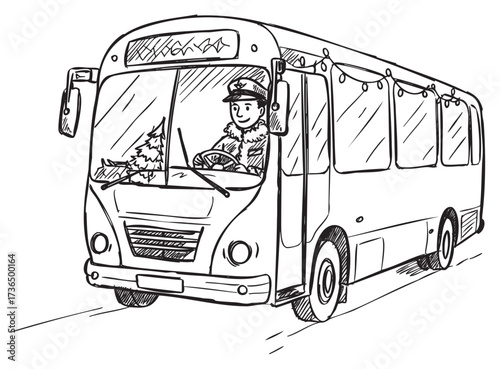 Holiday-themed bus with decorated interior driven by caucasian male adult driver – retro hand drawn illustration