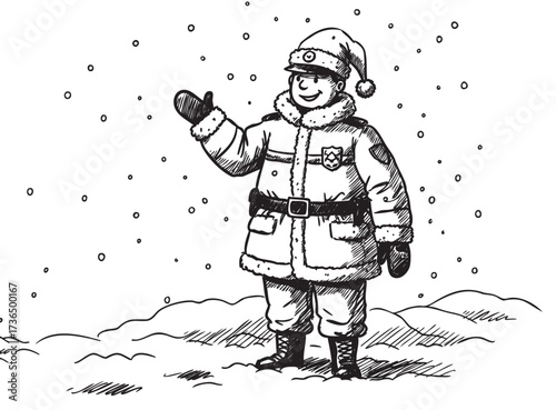 Cheerful young caucasian male in winter coat waving in snowy landscape – retro hand drawn illustration