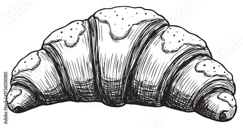Detailed black and white sketch of a classic croissant with flaky texture – retro hand drawn illustration