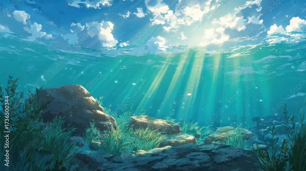 Obraz premium Sunlight shines through the surface of the water creating a peaceful underwater scene. Rocks and aquatic plants are visible giving a sense of tranquility and beauty in nature.