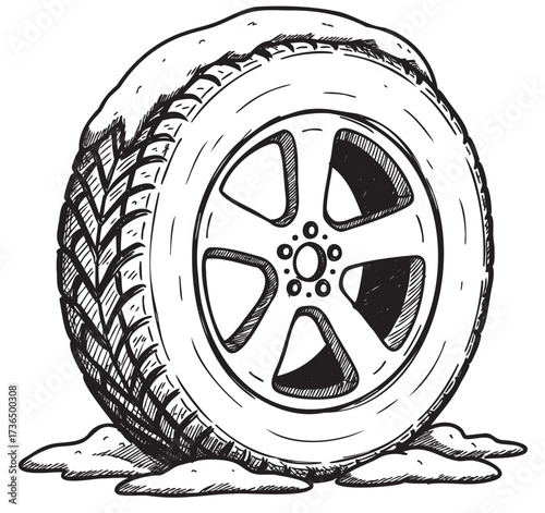 Snow-covered tire with tread pattern illustration – retro hand drawn illustration