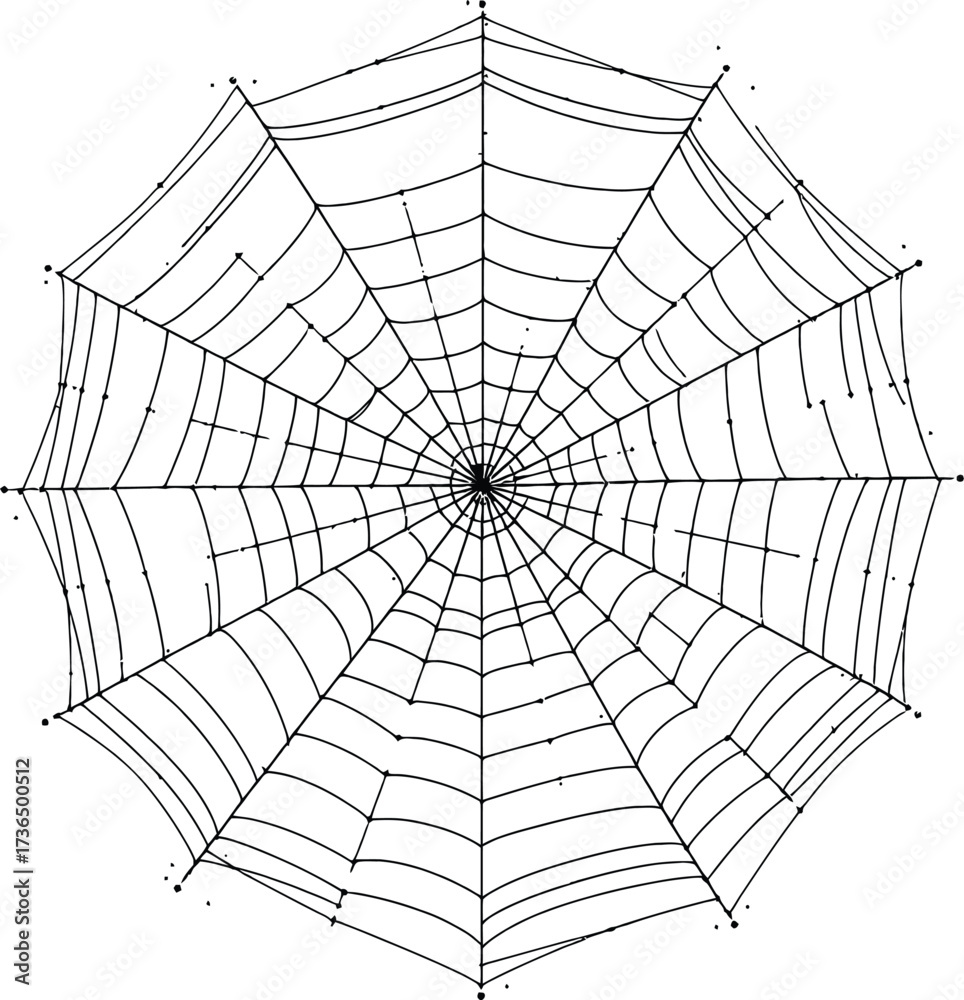 Obraz premium Spider Web Silhouette Vector Featuring Symmetrical Radial and Spiral Threads with Dotted Intersections in Line Art Style