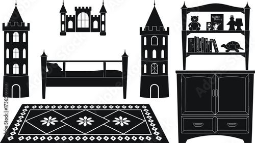 Black Silhouette Collection of Castle Elements and Bedroom Furniture tower turret