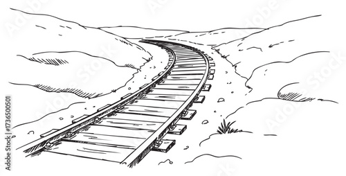 Curved railway tracks in mountain landscape line art sketch – retro hand drawn illustration