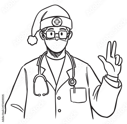 Cartoon male doctor wearing santa hat and mask with stethoscope – retro hand drawn illustration