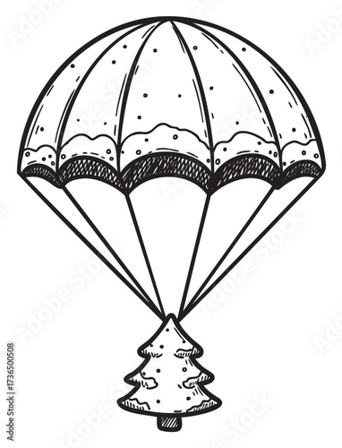 Hand-drawn christmas tree parachute art in black and white – retro hand drawn illustration
